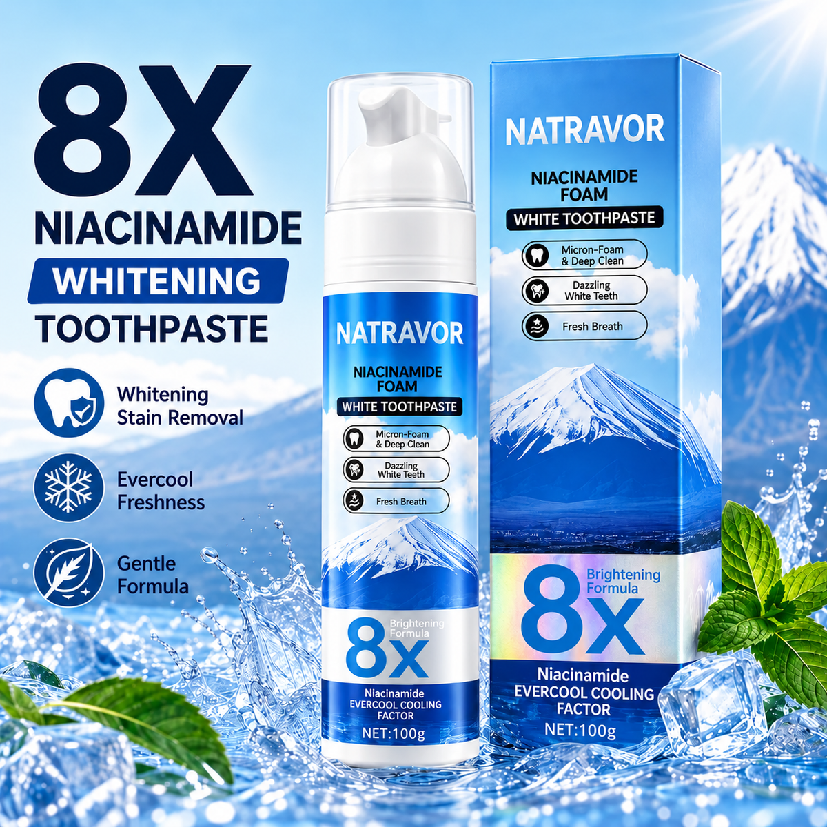 Niacinamide Foaming Whitening Toothpaste 8X - Fresh Breath Stain Removal Gentle Teeth Cleaning 100ml