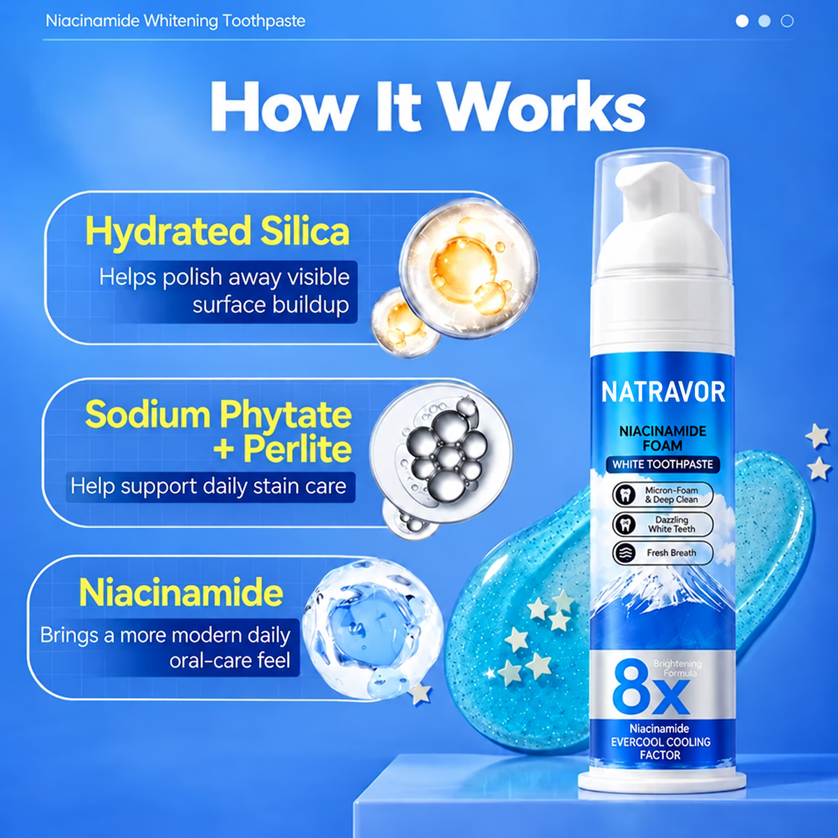 Niacinamide Foaming Whitening Toothpaste 8X - Fresh Breath Stain Removal Gentle Teeth Cleaning 100ml