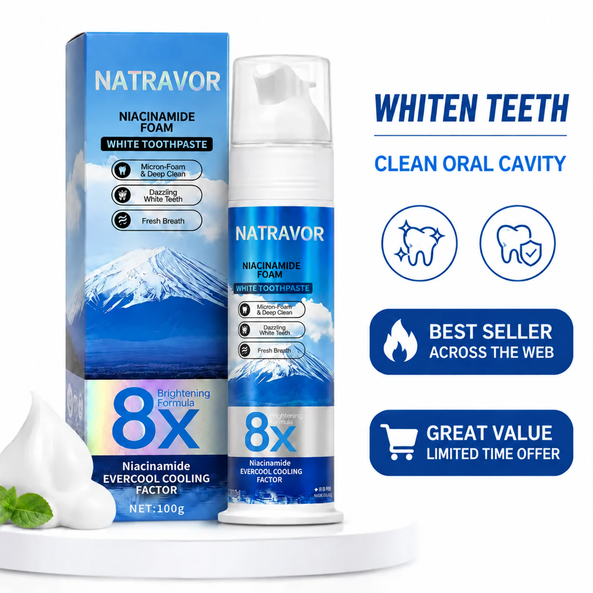 Niacinamide Foaming Whitening Toothpaste 8X - Fresh Breath Stain Removal Gentle Teeth Cleaning 100ml